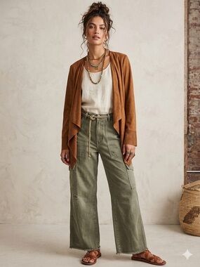 Chico's Brown faux Suede Drape-Front Jacket with Laser-Cut Hem